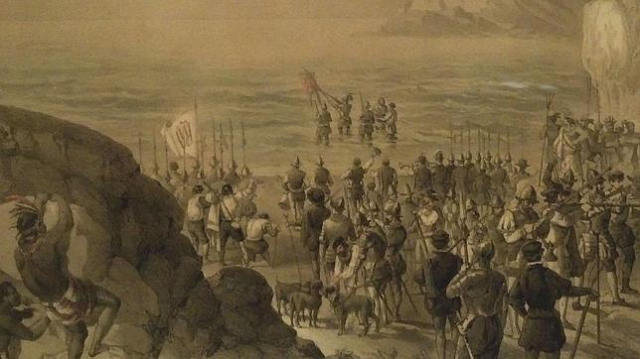 Vasco Núñez de Balboa toma posesión del mar del Sur -el océano Pacífico-, grabado del Museo Naval 